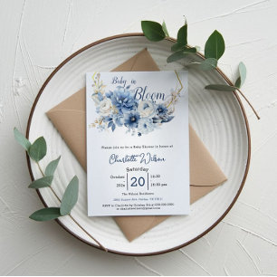 Baby In Bloom Elegant Blue Flowers Baby Shower Invitation