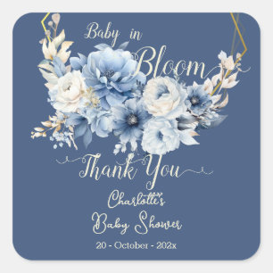 Baby In Bloom Elegant Blue Flowers Baby Shower Square Sticker