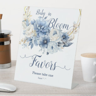 Baby In Bloom Elegant Blue Flowers Favours Pedestal Sign