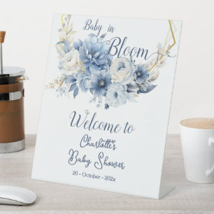 Baby In Bloom Elegant Blue Flowers Welcome Pedestal Sign