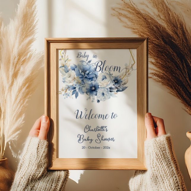 Baby In Bloom Elegant Blue Flowers Welcome Poster (Creator Uploaded)
