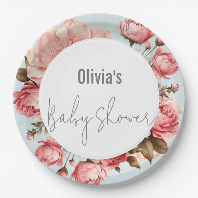 Baby in Bloom Elegant Flower Pink Baby Shower Paper Plate (Front)