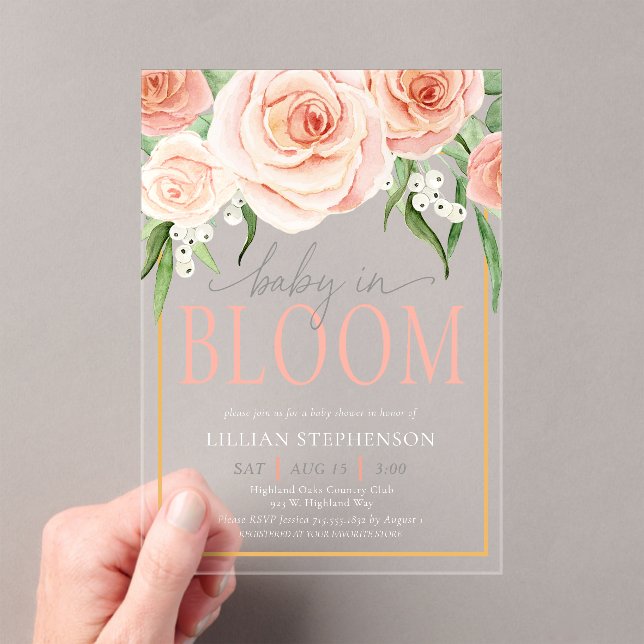 Baby In Bloom Elegant Pink Floral Baby Shower  Acrylic Invitations (Insitu (Handheld))