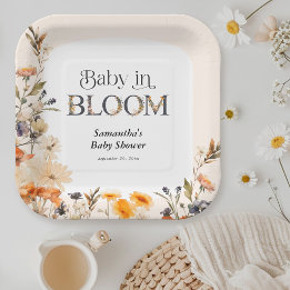 Baby in Bloom Elegant Watercolor Fall Wildflowers Paper Plate