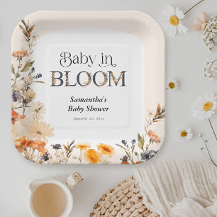 Baby in Bloom Elegant Watercolor Fall Wildflowers  Paper Plate