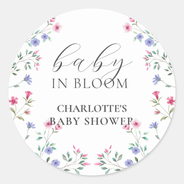 Baby In Bloom | Elegant Wildflower Baby Shower Classic Round Sticker (Front)