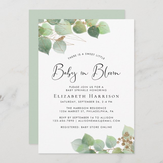 Baby in Bloom Eucalyptus Watercolor Baby Sprinkle Invitation (Front/Back)