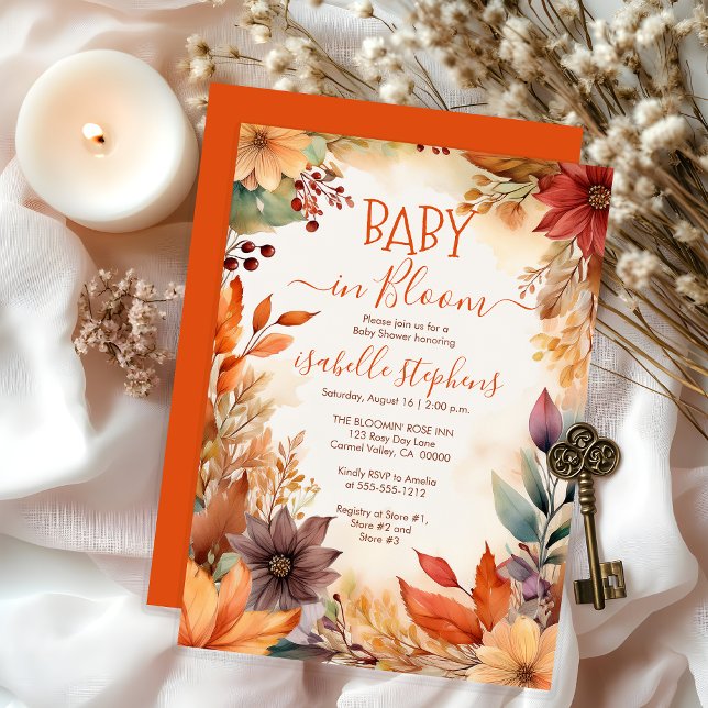 Baby in Bloom Fall Floral Frame Baby Shower Invitation (Boho Baby in Bloom Fall Floral Frame Baby Shower Invitation - Burnt Orange - Print | Digital )