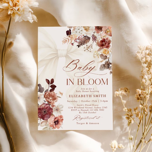 Baby In Bloom Fall Floral White Bow Baby Shower Invitation (Creator Uploaded)