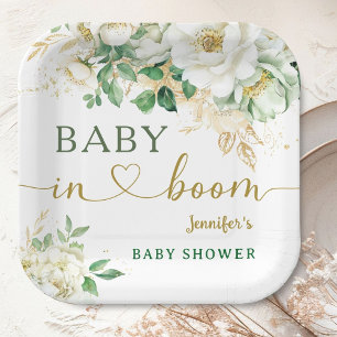 Baby in Bloom Floral Baby Shower Sage Green Gold Paper Plate