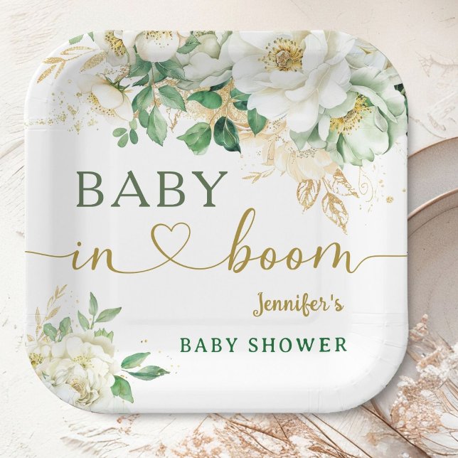 Baby in Bloom Floral Baby Shower Sage Green Gold Paper Plate (Creator Uploaded)