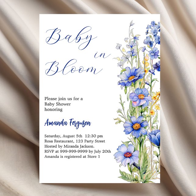 Baby in bloom floral blue boy Baby Shower Invitation (Creator Uploaded)