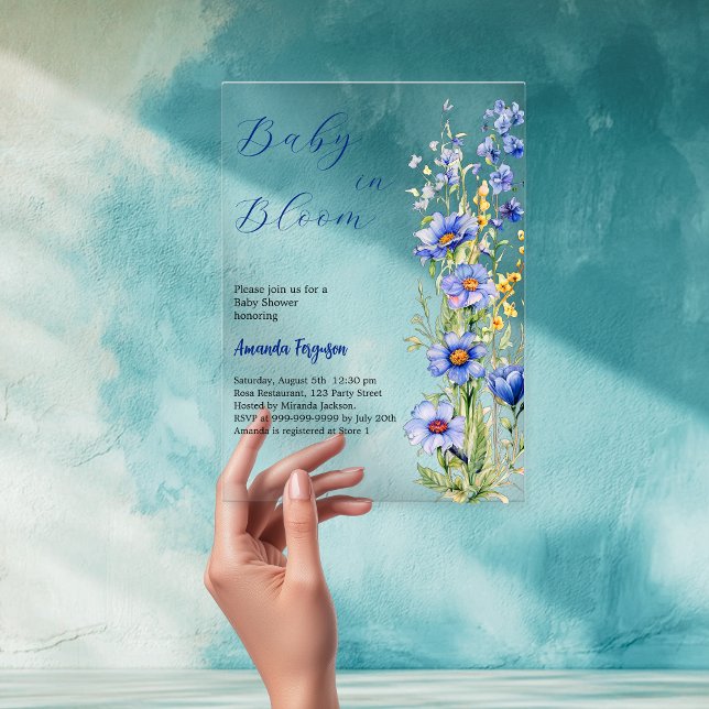 Baby in bloom floral blue boy clear Baby Shower Acrylic Invitations (Creator Uploaded)