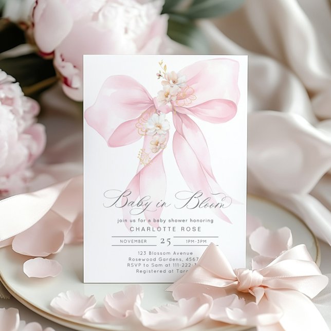 Baby in Bloom Floral Blush pink Bow baby shower Invitation (Creator Uploaded)