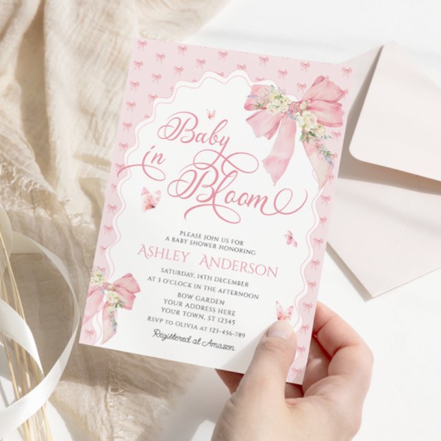 Baby in Bloom Floral Blush Pink Bow Baby Shower Invitation (Creator Uploaded)