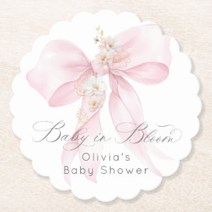 Baby in Bloom Floral Blush pink bow Baby Shower Paper Coaster