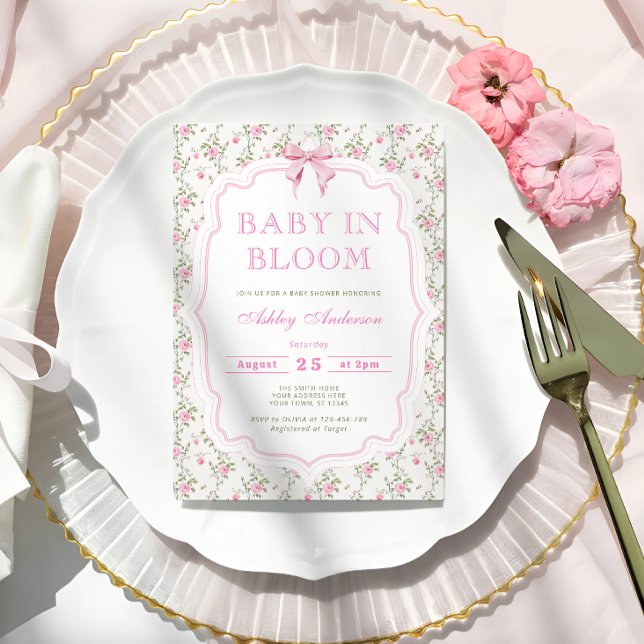 Baby in Bloom Floral Bow Baby Shower Invitation (Creator Uploaded)