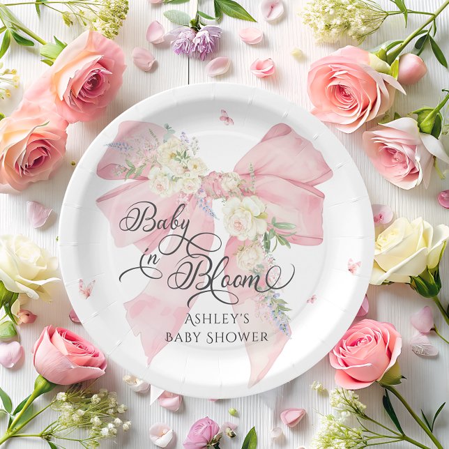 Baby In Bloom Floral Bow Elegant Baby Shower Paper Plate (Creator Uploaded)