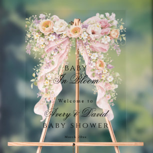 Baby in bloom Floral Bow Girl Baby Shower  Acrylic Sign