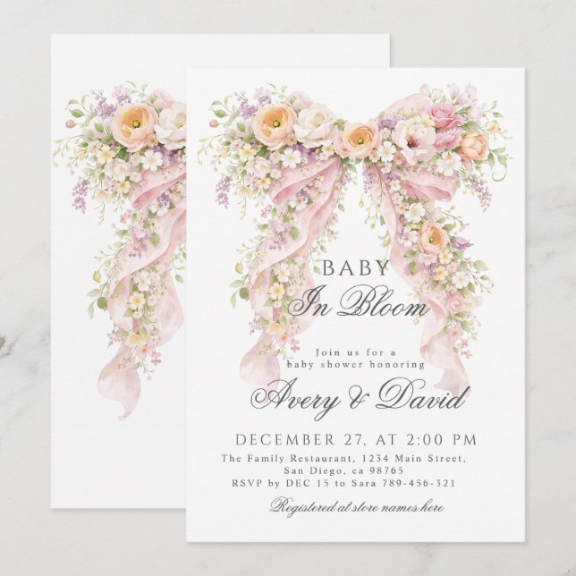 Baby in bloom Floral Bow Girl Baby Shower  Invitation (Front/Back)