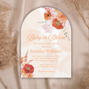 baby in bloom, floral orange arch baby shower invitation