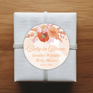baby in bloom, floral orange baby shower stylish classic round sticker
