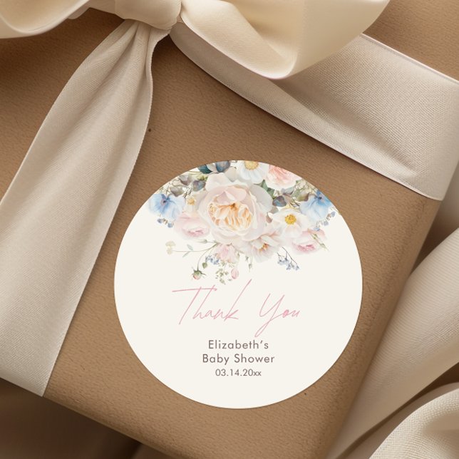 Baby In Bloom Floral Pink Baby Shower Classic Round Sticker (Creator Uploaded)