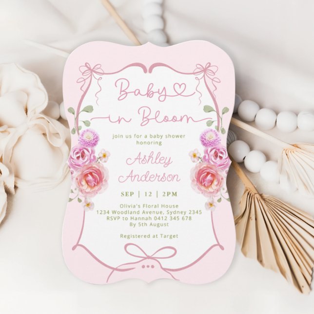 Baby in Bloom Floral Pink Bow Baby Shower Invitation (Creator Uploaded)