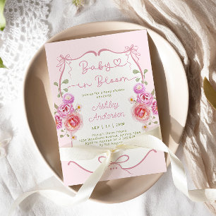 Baby in Bloom Floral Pink Bow Baby Shower Invitation