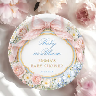 Baby in Bloom Floral Pink Bow Girl Baby Shower Paper Plate