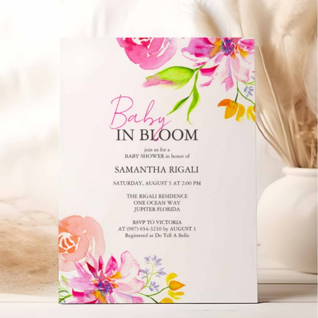 Baby In Bloom Floral Watercolor Shower Invitation (Pink floral baby shower invitation features unique watercolor art by Victoria Grigaliunas)