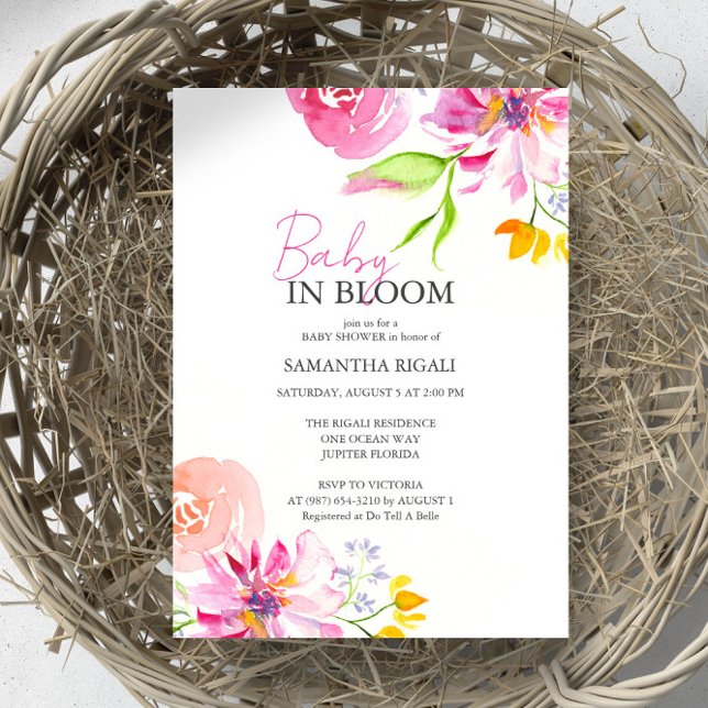 Baby In Bloom Floral Watercolor Shower Invitation (Baby in bloom baby shower invitation features unique water pink floral by Victoria Grigaliunas)