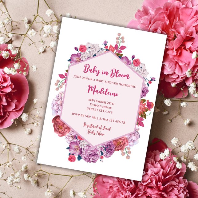 Baby In Bloom Floral Wreath Girl Baby Shower Invitation (baby in bloom baby shower invitation pink floral wreath elegant flowers)