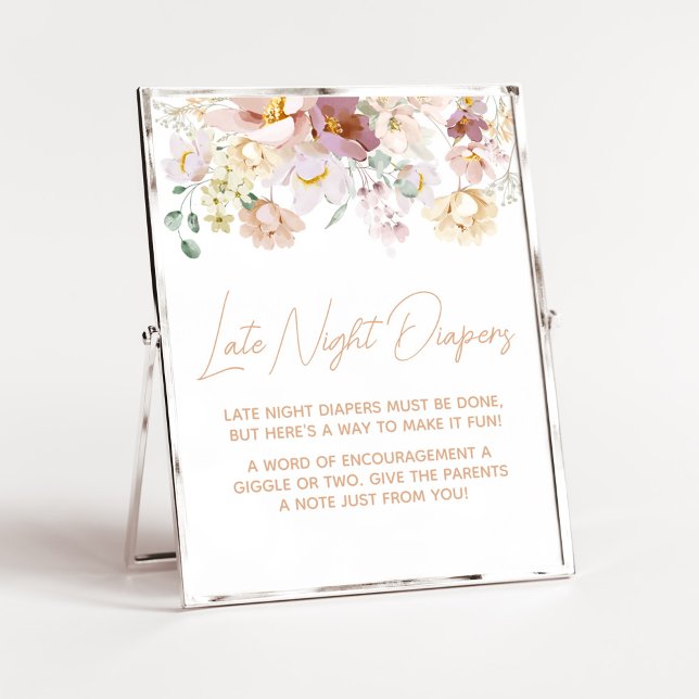 Baby in Bloom Florals Late Night Diaper Poster (Spring Wildflower Baby Shower Late Night Diaper Sign)