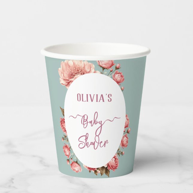 Baby in Bloom Flower Rose Pink Baby Shower Welcome Paper Cups (Front)