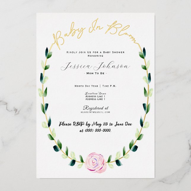 Baby In Bloom - Foil Shower Announcement Invite (Front)