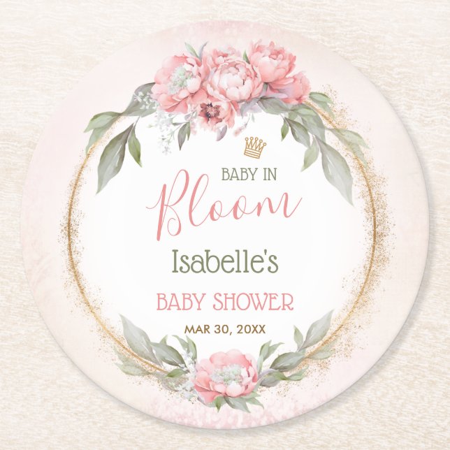 Baby In Bloom Girl Floral Elegant Pink Baby Shower Round Paper Coaster (Front)