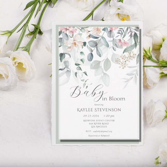 Baby in Bloom Girl Sage Floral Modern Baby Shower Invitation (Creator Uploaded)