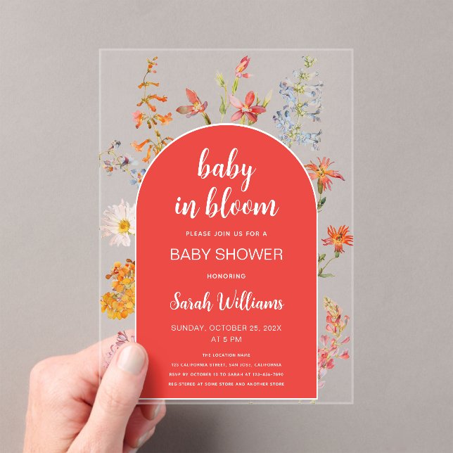 Baby in Bloom Girl Shower Wildflowers Red Arch Acrylic Invitations (Insitu (Handheld))