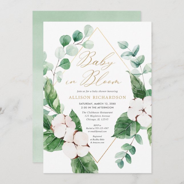 Baby in Bloom gold greenery gender neutral shower Invitation (Front/Back)