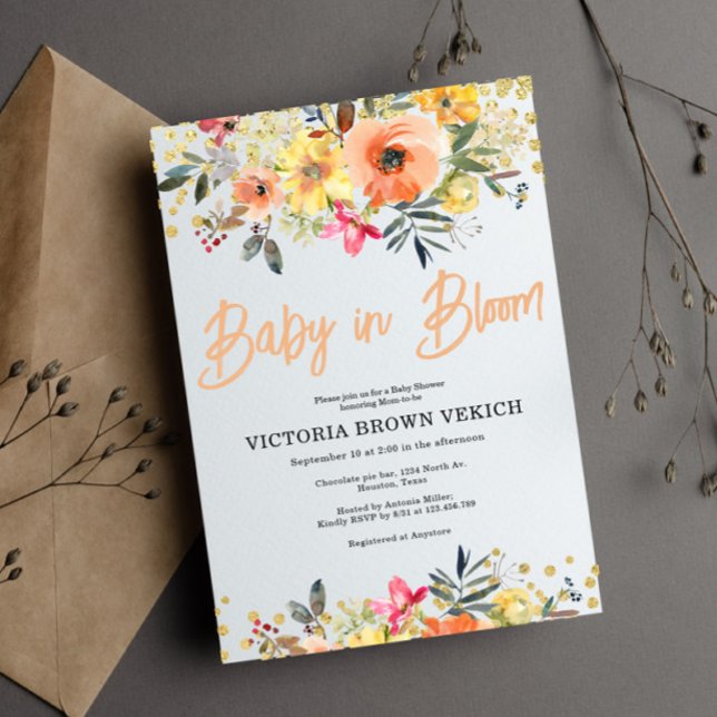 Baby in Bloom Gold Orange Baby Shower Invitation (Creator Uploaded)