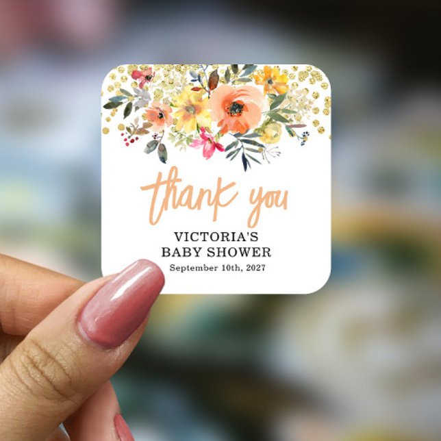 Baby in Bloom Gold Orange Baby Shower Square Sticker (Creator Uploaded)