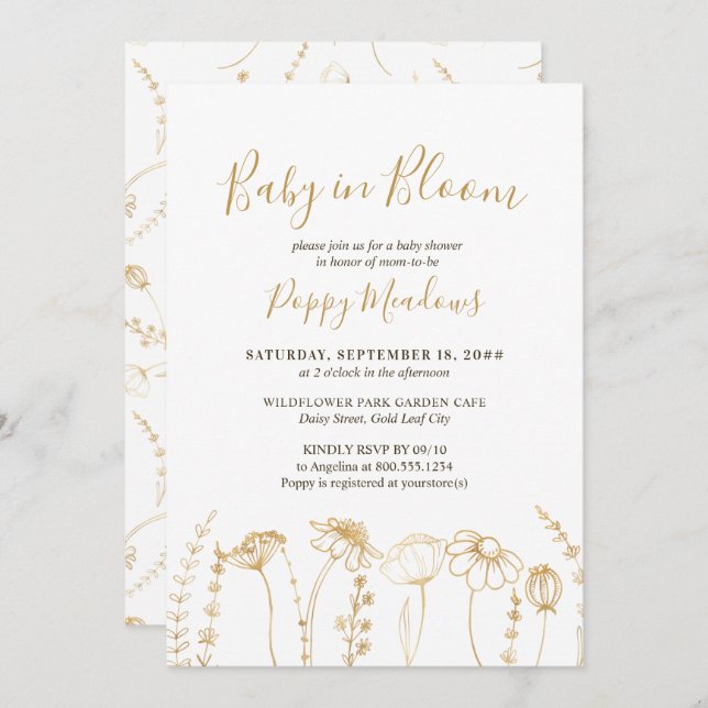Baby in Bloom Gold Wildflower Sketch Baby Shower Invitation (Front/Back)
