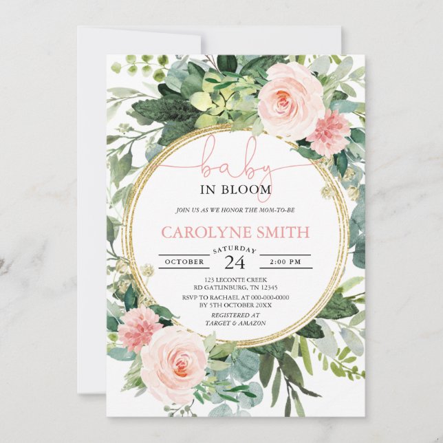Baby In Bloom Greenery Pink Baby Shower Invitation (Front)