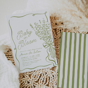Baby in Bloom   Hand Drawn Green Baby Shower Invitation