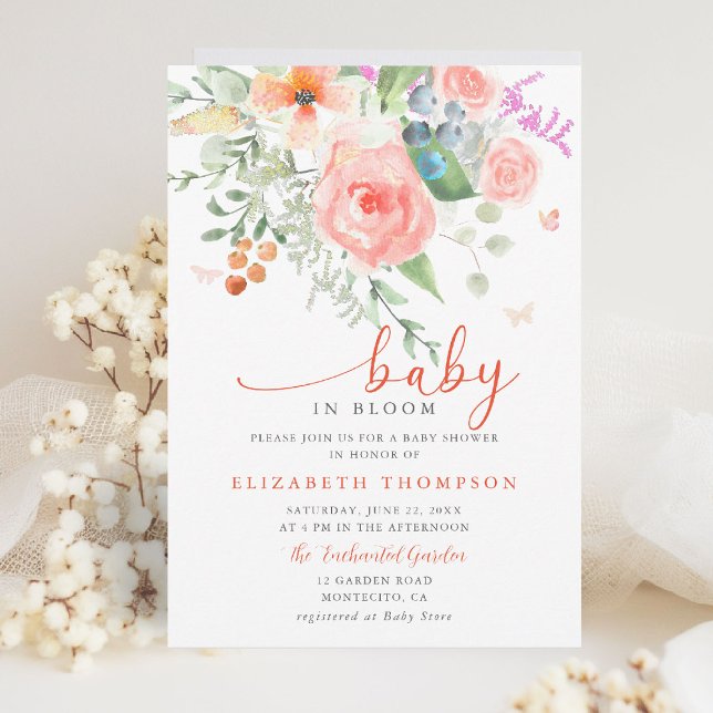 Baby in Bloom Happy Garden Floral Girl Baby Shower Invitation (baby in bloom colorful floral elegant modern calligraphy garden party backyard summer spring fall)
