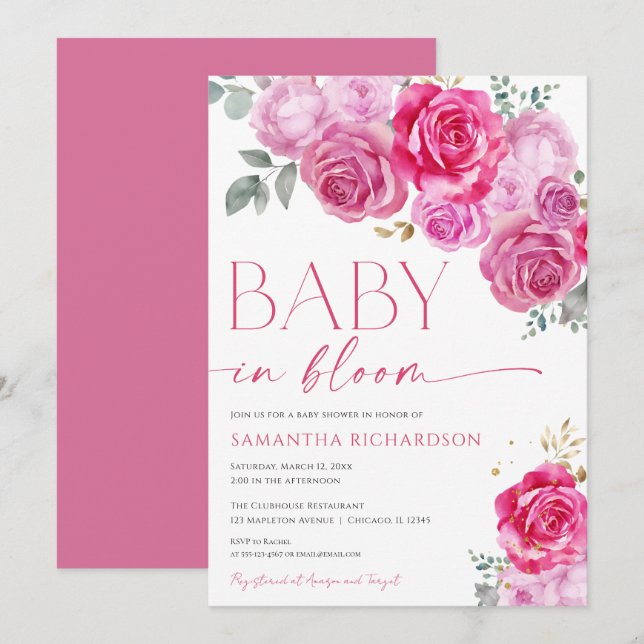 Baby in Bloom hot pink fuchsia bright floral girl  Invitation (Front/Back)