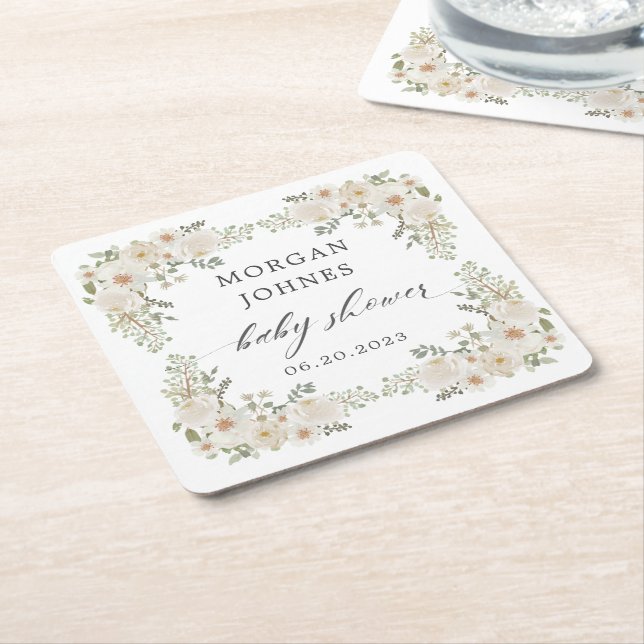 Baby In Bloom Ivory Floral Baby Shower Square Paper Coaster (Angled)