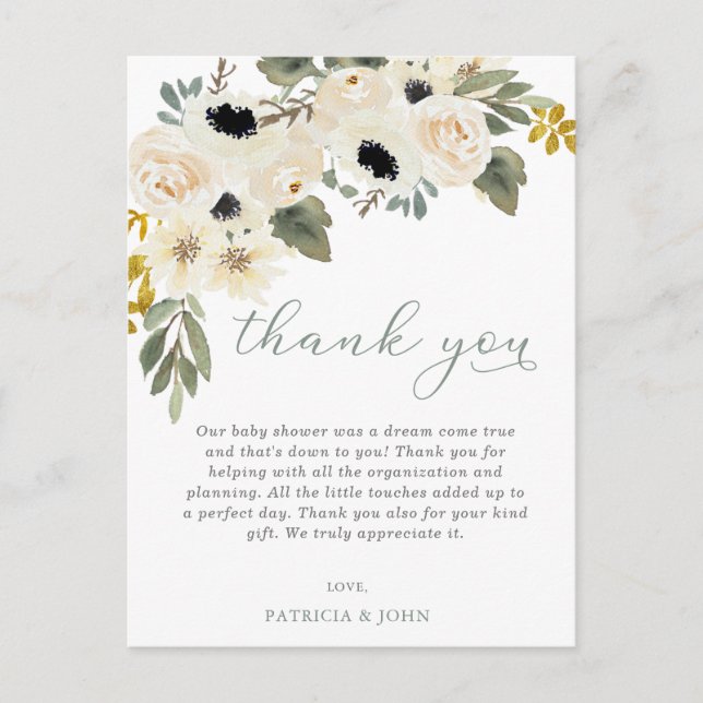 Baby in Bloom Ivory Floral Baby Shower Thank You Postcard (Front)