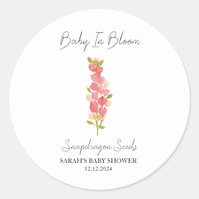 Baby In Bloom l Snapdragon Seeds Baby Shower Classic Round Sticker (Front)